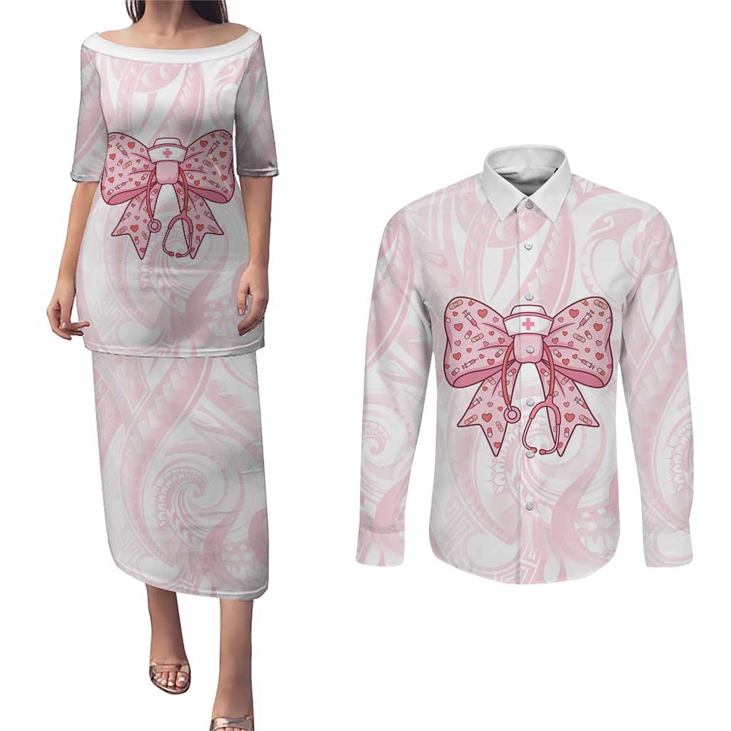 New Zealand Nurses RN Personalised Couples Matching Puletasi and Long Sleeve Button Shirt Pink Stethoscope Coquette Bow Maori Motif LT9 Pink - Polynesian Pride