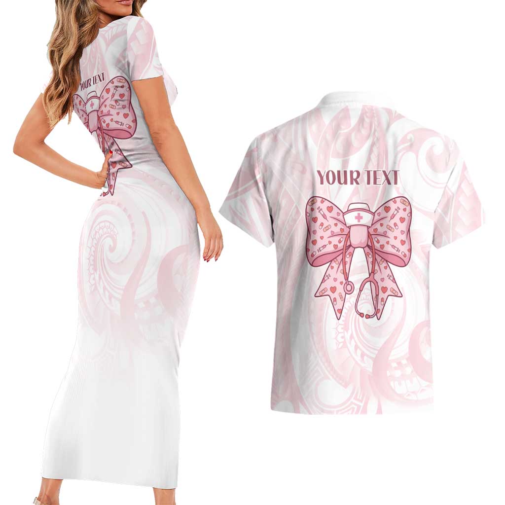New Zealand Nurses RN Personalised Couples Matching Short Sleeve Bodycon Dress and Hawaiian Shirt Pink Stethoscope Coquette Bow Maori Motif LT9 - Polynesian Pride