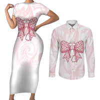 New Zealand Nurses RN Personalised Couples Matching Short Sleeve Bodycon Dress and Long Sleeve Button Shirt Pink Stethoscope Coquette Bow Maori Motif