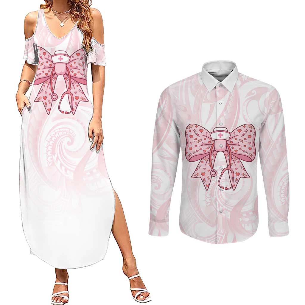 New Zealand Nurses RN Personalised Couples Matching Summer Maxi Dress and Long Sleeve Button Shirt Pink Stethoscope Coquette Bow Maori Motif LT9 Pink - Polynesian Pride