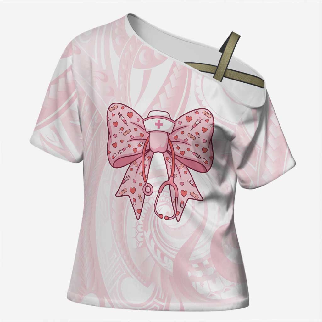 New Zealand Nurses RN Personalised Cross Shoulder Shirt Pink Stethoscope Coquette Bow Maori Motif LT9 Female Pink - Polynesian Pride