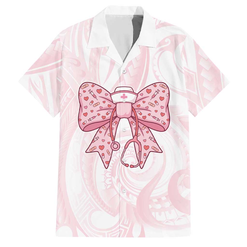 New Zealand Nurses RN Personalised Family Matching Mermaid Dress and Hawaiian Shirt Pink Stethoscope Coquette Bow Maori Motif LT9 Dad's Shirt - Short Sleeve Pink - Polynesian Pride