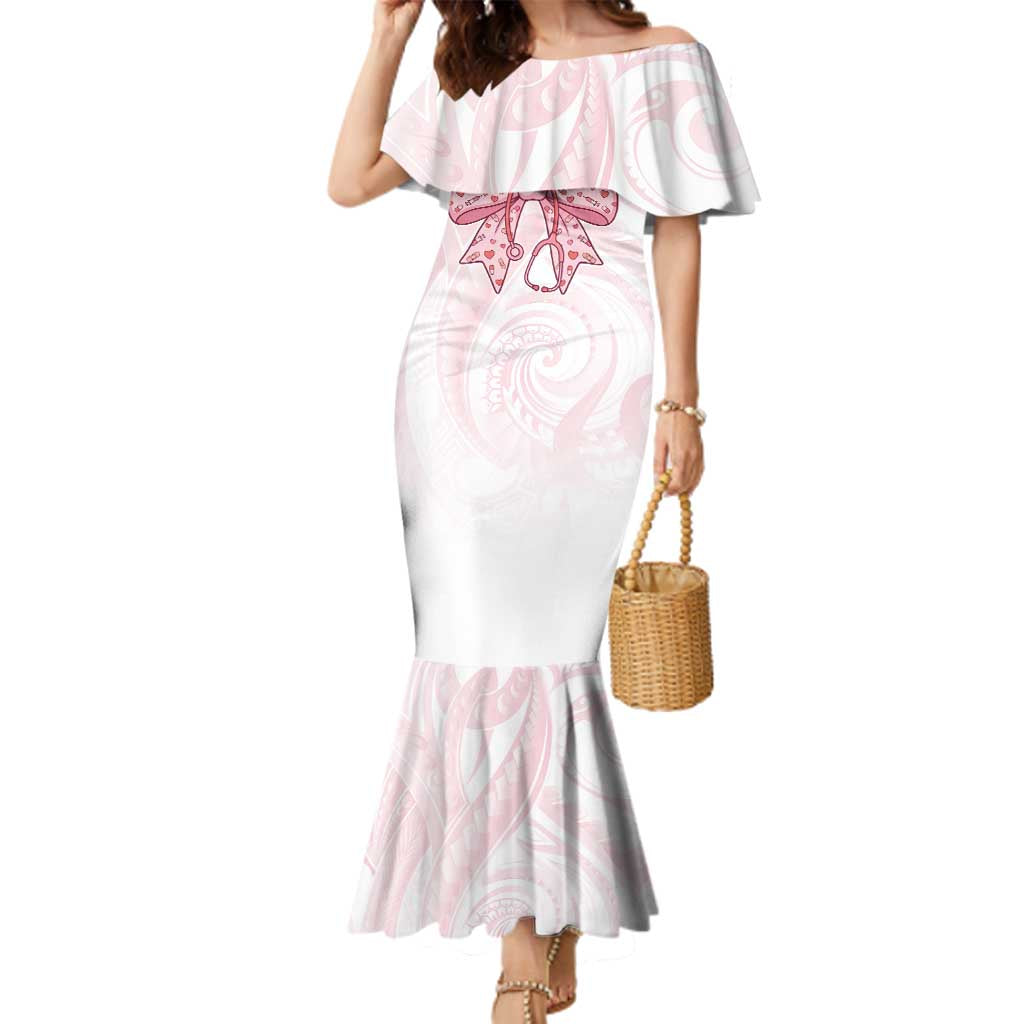 New Zealand Nurses RN Personalised Family Matching Mermaid Dress and Hawaiian Shirt Pink Stethoscope Coquette Bow Maori Motif LT9 Mom's Dress Pink - Polynesian Pride