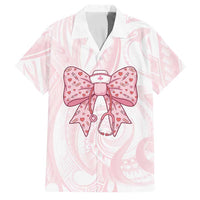 New Zealand Nurses RN Personalised Family Matching Off Shoulder Maxi Dress and Hawaiian Shirt Pink Stethoscope Coquette Bow Maori Motif LT9 Dad's Shirt - Short Sleeve Pink - Polynesian Pride