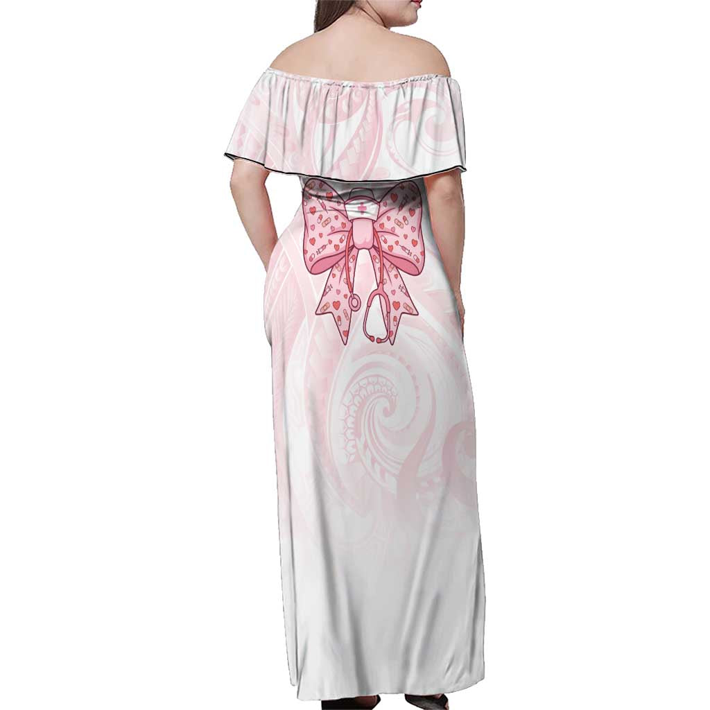 New Zealand Nurses RN Personalised Family Matching Off Shoulder Maxi Dress and Hawaiian Shirt Pink Stethoscope Coquette Bow Maori Motif LT9 - Polynesian Pride