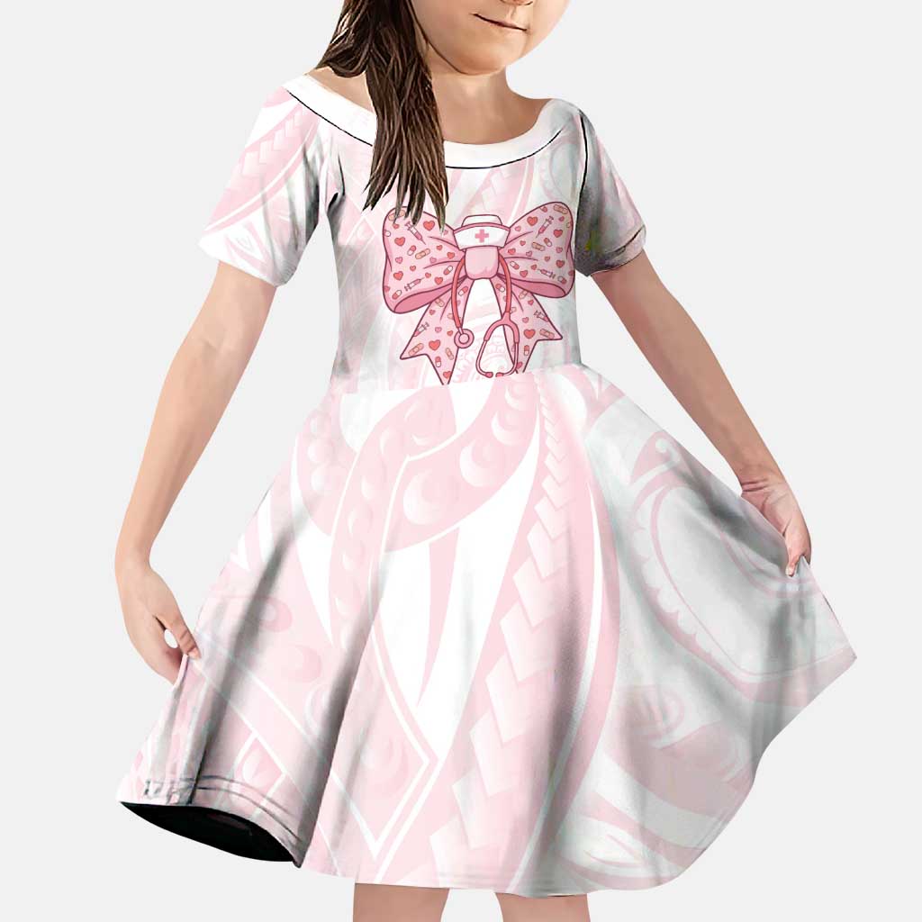 New Zealand Nurses RN Personalised Family Matching Puletasi and Hawaiian Shirt Pink Stethoscope Coquette Bow Maori Motif LT9 Daughter's Dress Pink - Polynesian Pride