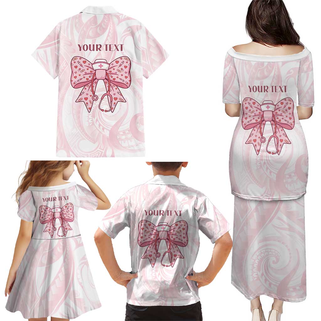 New Zealand Nurses RN Personalised Family Matching Puletasi and Hawaiian Shirt Pink Stethoscope Coquette Bow Maori Motif LT9 - Polynesian Pride