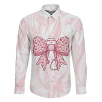 New Zealand Nurses RN Personalised Family Matching Puletasi and Hawaiian Shirt Pink Stethoscope Coquette Bow Maori Motif LT9 Dad's Shirt - Long Sleeve Pink - Polynesian Pride