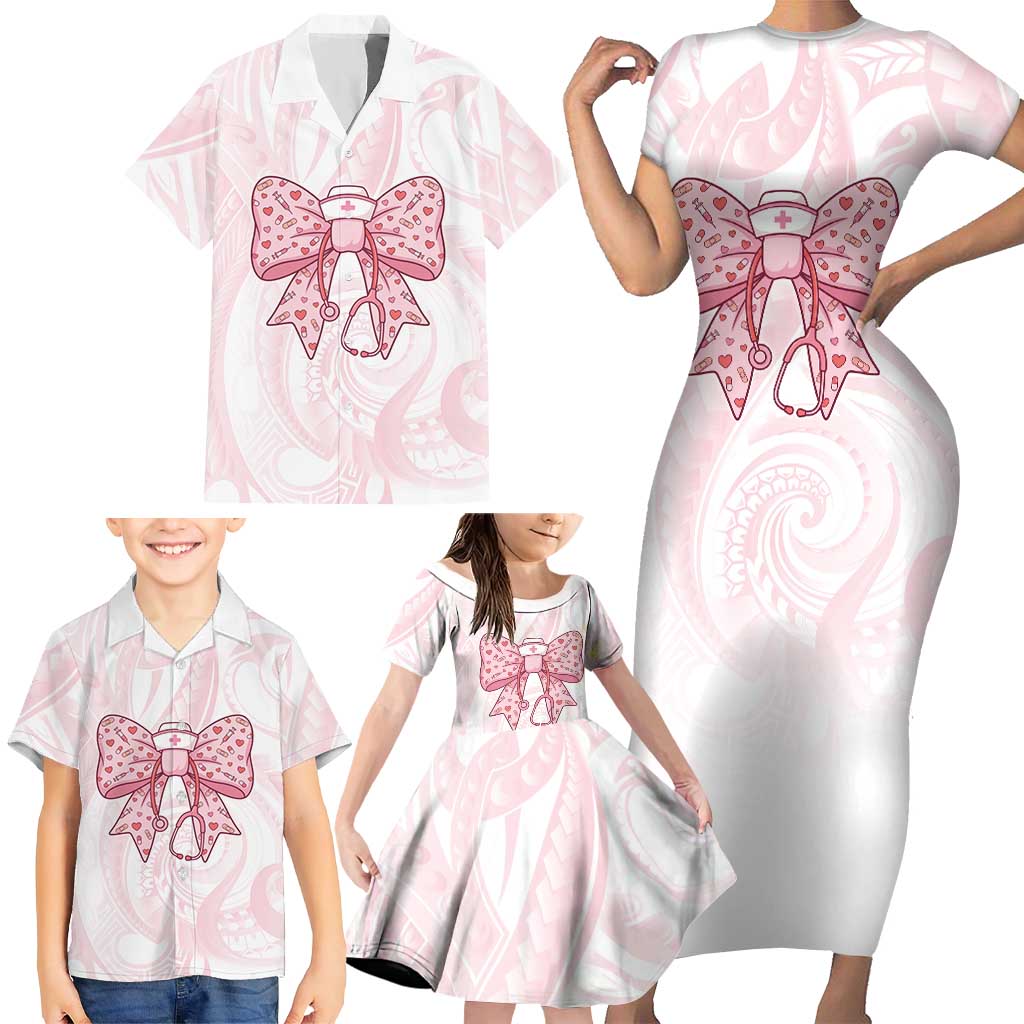 New Zealand Nurses RN Personalised Family Matching Short Sleeve Bodycon Dress and Hawaiian Shirt Pink Stethoscope Coquette Bow Maori Motif LT9 - Polynesian Pride