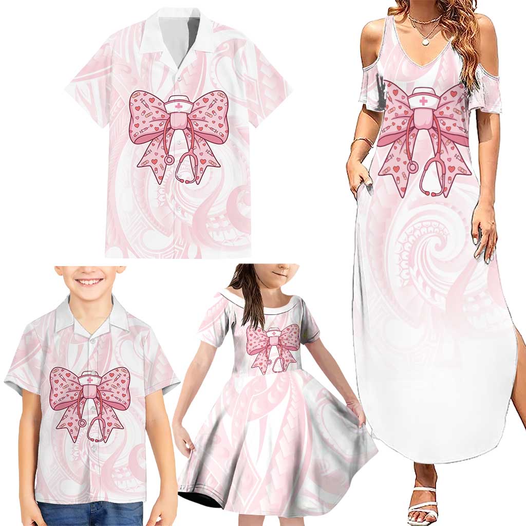 New Zealand Nurses RN Personalised Family Matching Summer Maxi Dress and Hawaiian Shirt Pink Stethoscope Coquette Bow Maori Motif LT9 - Polynesian Pride