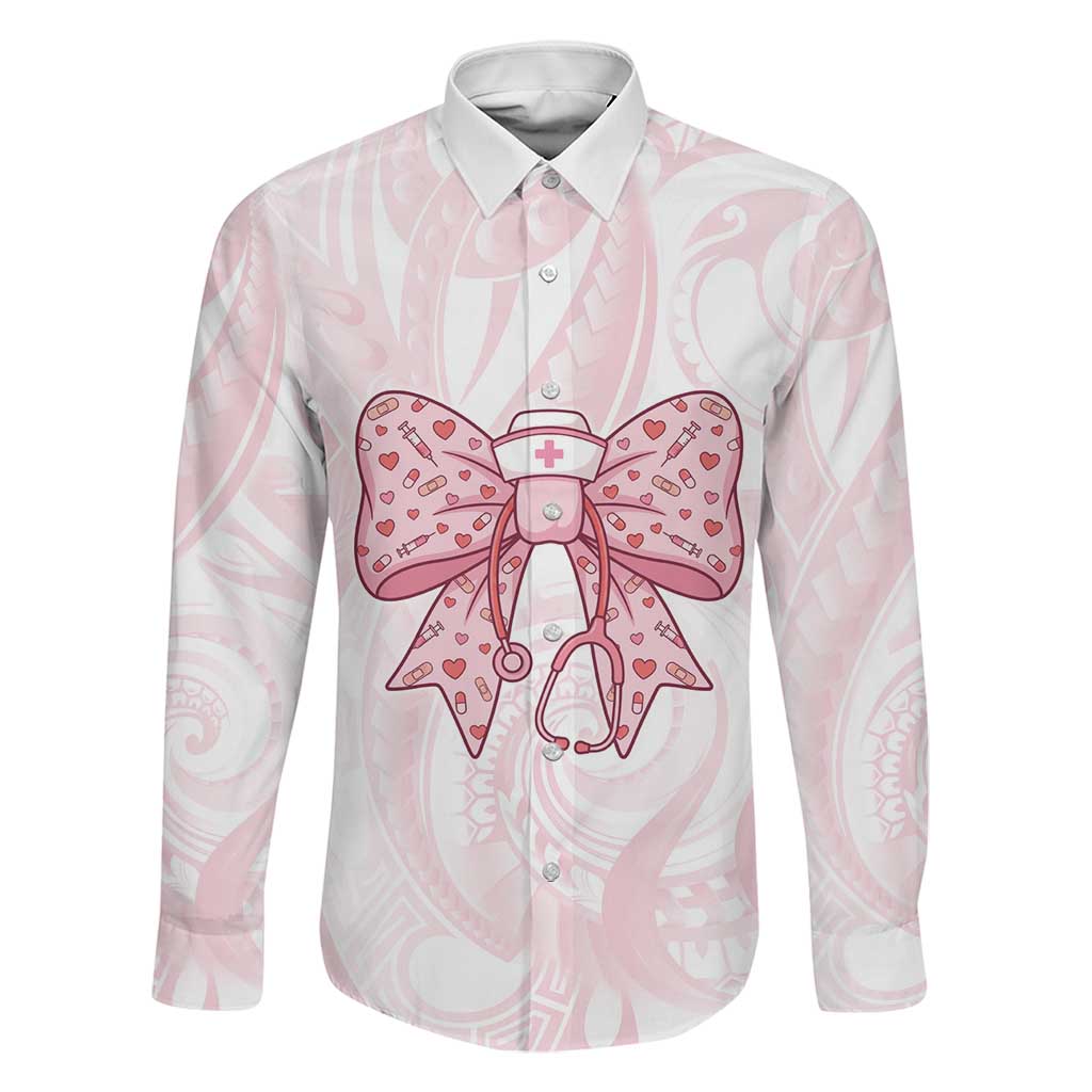 New Zealand Nurses RN Personalised Family Matching Tank Maxi Dress and Hawaiian Shirt Pink Stethoscope Coquette Bow Maori Motif LT9 Dad's Shirt - Long Sleeve Pink - Polynesian Pride
