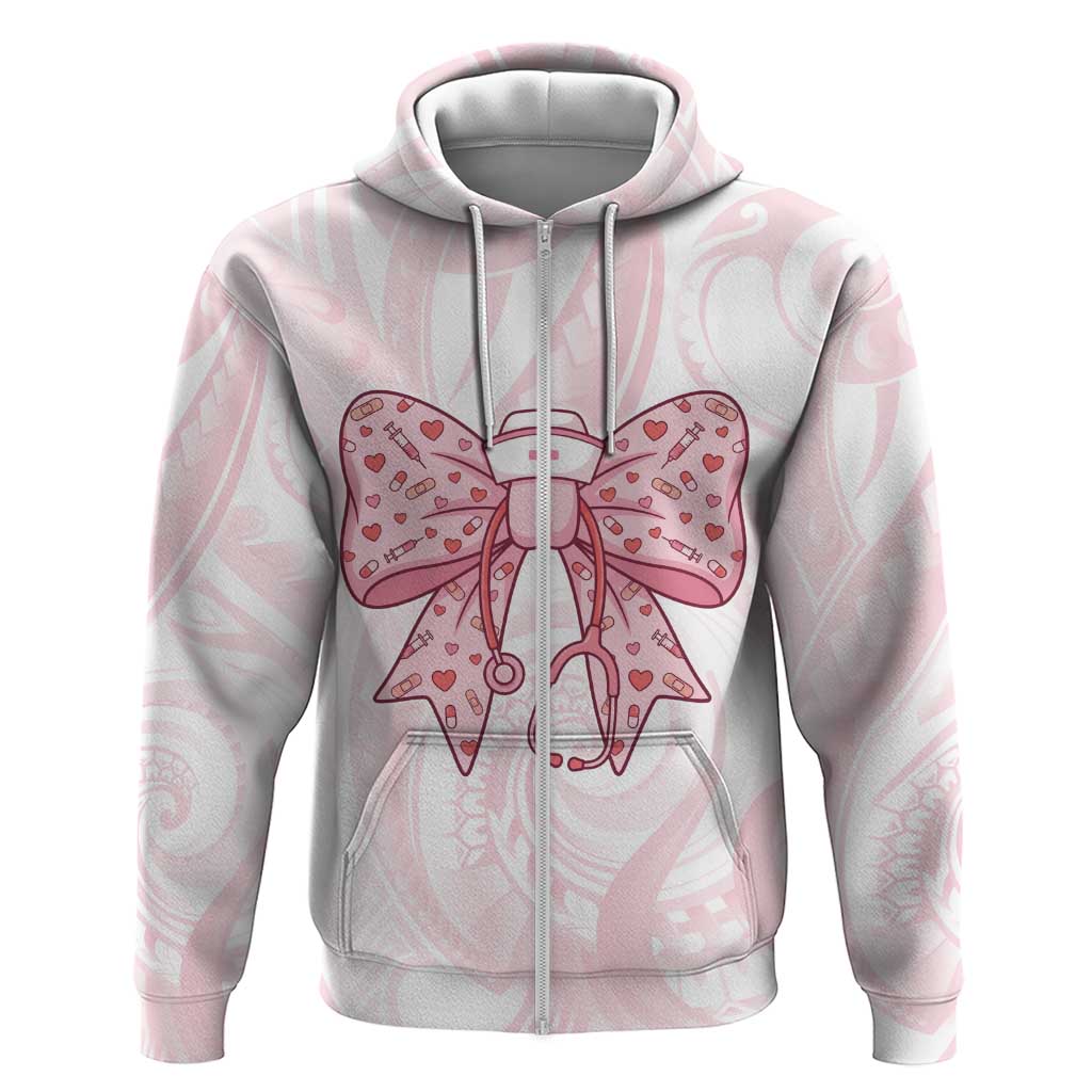 New Zealand Nurses RN Personalised Hoodie Pink Stethoscope Coquette Bow Maori Motif LT9 Zip Hoodie Pink - Polynesian Pride
