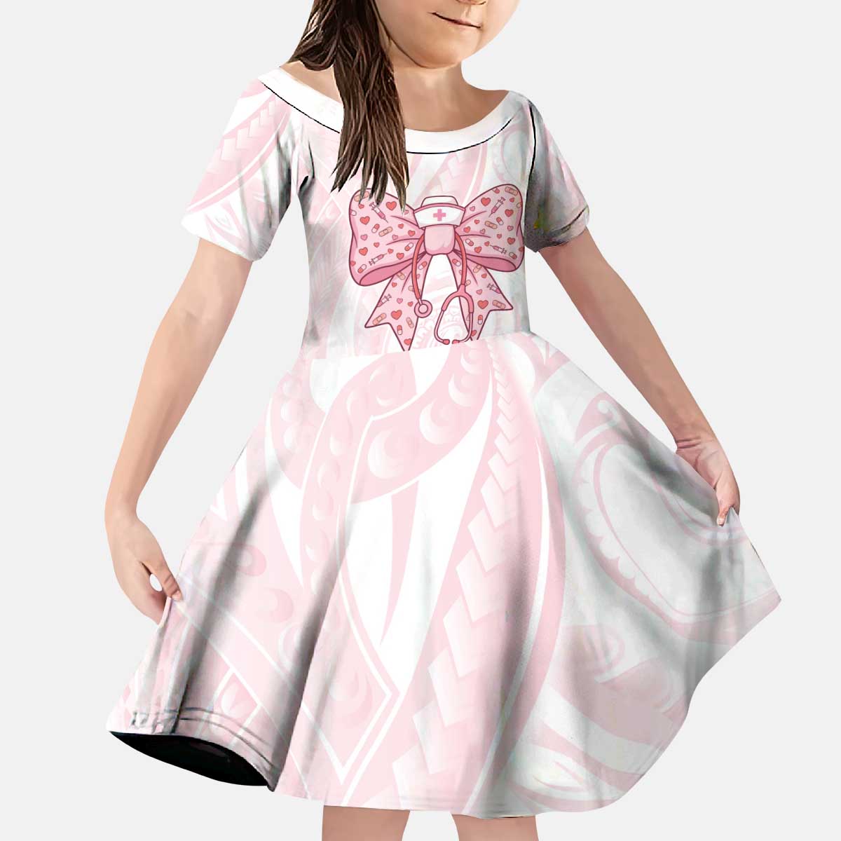 New Zealand Nurses RN Personalised Kid Short Sleeve Dress Pink Stethoscope Coquette Bow Maori Motif LT9 KID Pink - Polynesian Pride