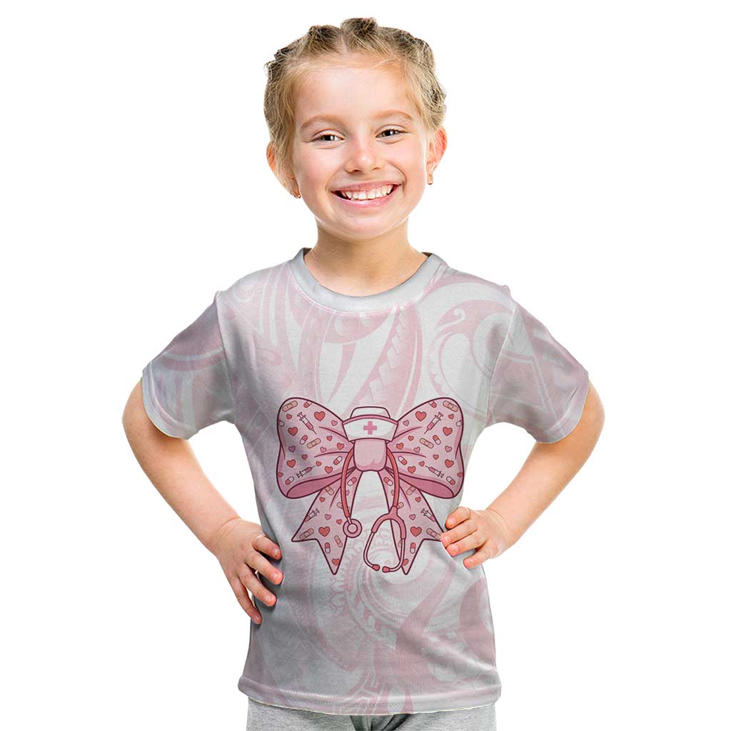 New Zealand Nurses RN Personalised Kid T Shirt Pink Stethoscope Coquette Bow Maori Motif LT9 Pink - Polynesian Pride