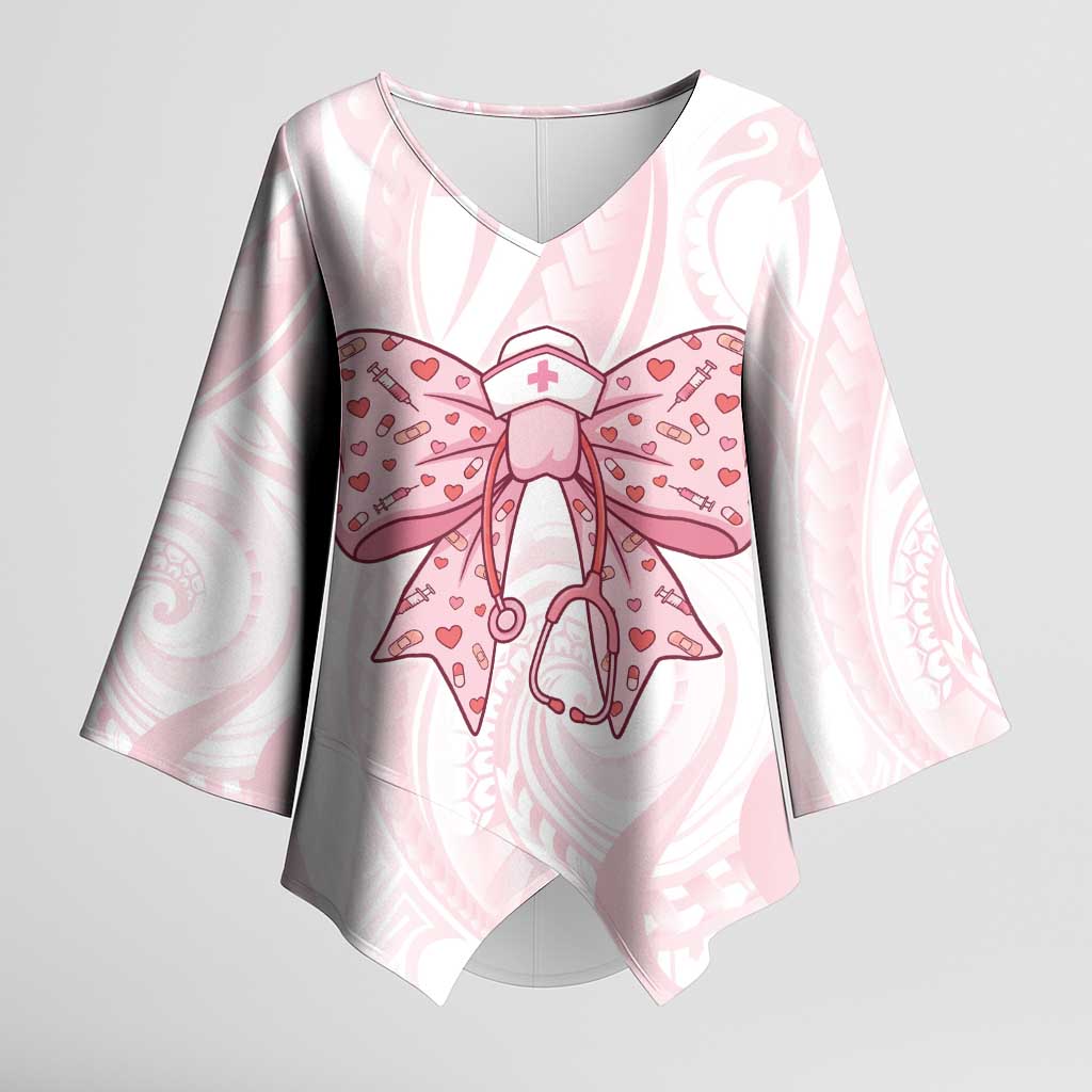 New Zealand Nurses RN Personalised Kimono Sleeve Blouse Pink Stethoscope Coquette Bow Maori Motif LT9 Female Pink - Polynesian Pride