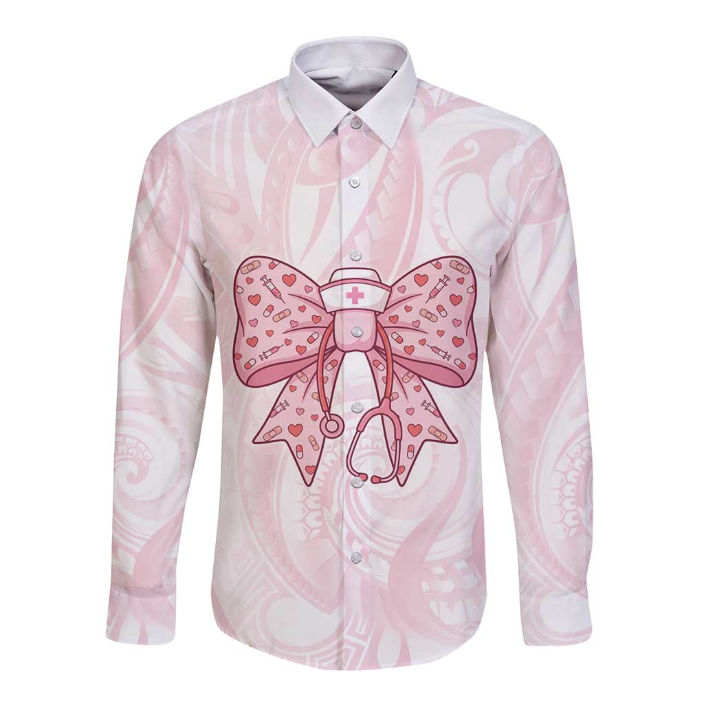 New Zealand Nurses RN Personalised Long Sleeve Button Shirt Pink Stethoscope Coquette Bow Maori Motif