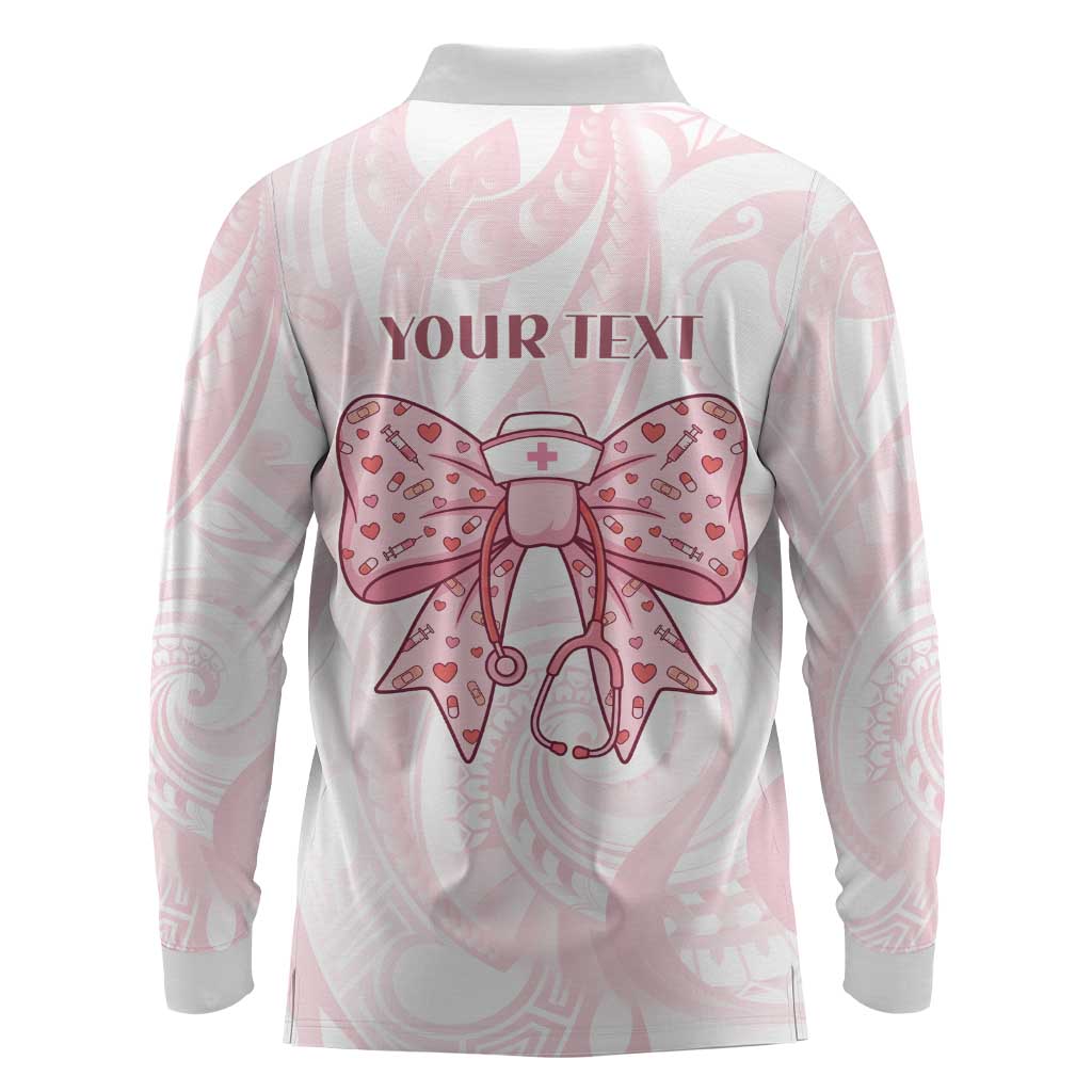 New Zealand Nurses RN Personalised Long Sleeve Polo Shirt Pink Stethoscope Coquette Bow Maori Motif LT9 - Polynesian Pride