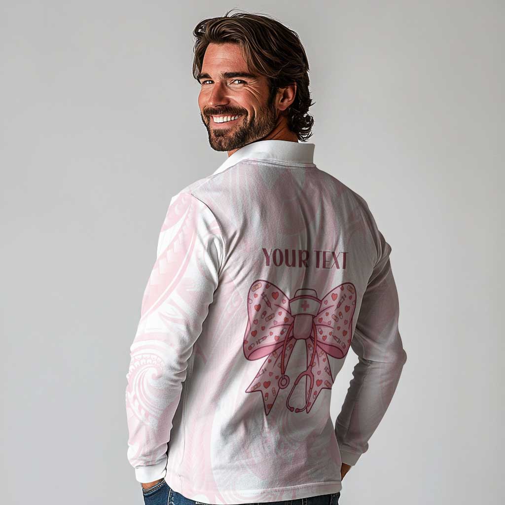 New Zealand Nurses RN Personalised Long Sleeve Polo Shirt Pink Stethoscope Coquette Bow Maori Motif LT9 - Polynesian Pride