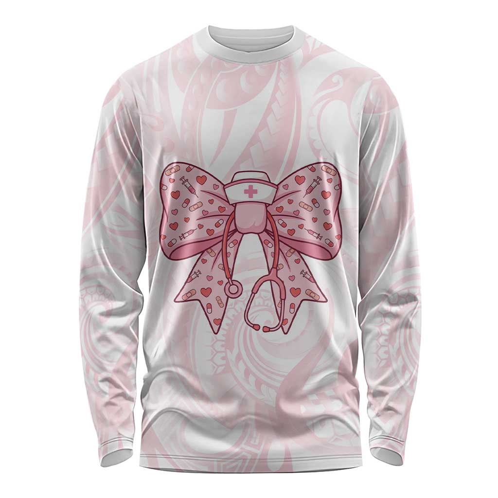 New Zealand Nurses RN Personalised Long Sleeve Shirt Pink Stethoscope Coquette Bow Maori Motif LT9 Unisex Pink - Polynesian Pride