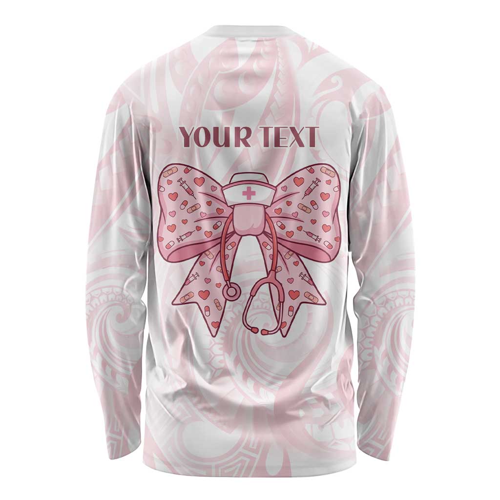 New Zealand Nurses RN Personalised Long Sleeve Shirt Pink Stethoscope Coquette Bow Maori Motif LT9 - Polynesian Pride