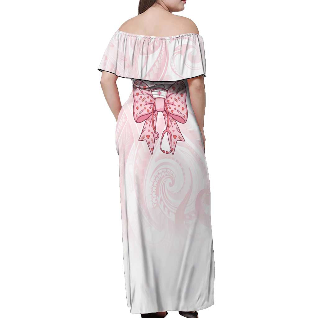 New Zealand Nurses RN Personalised Off Shoulder Maxi Dress Pink Stethoscope Coquette Bow Maori Motif LT9 - Polynesian Pride