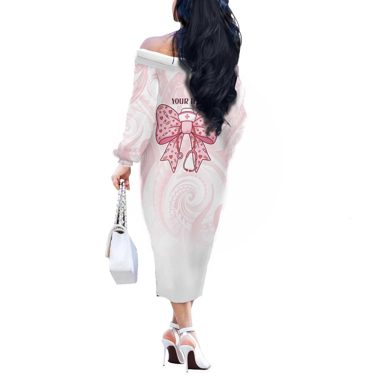 New Zealand Nurses RN Personalised Off The Shoulder Long Sleeve Dress Pink Stethoscope Coquette Bow Maori Motif LT9 - Polynesian Pride