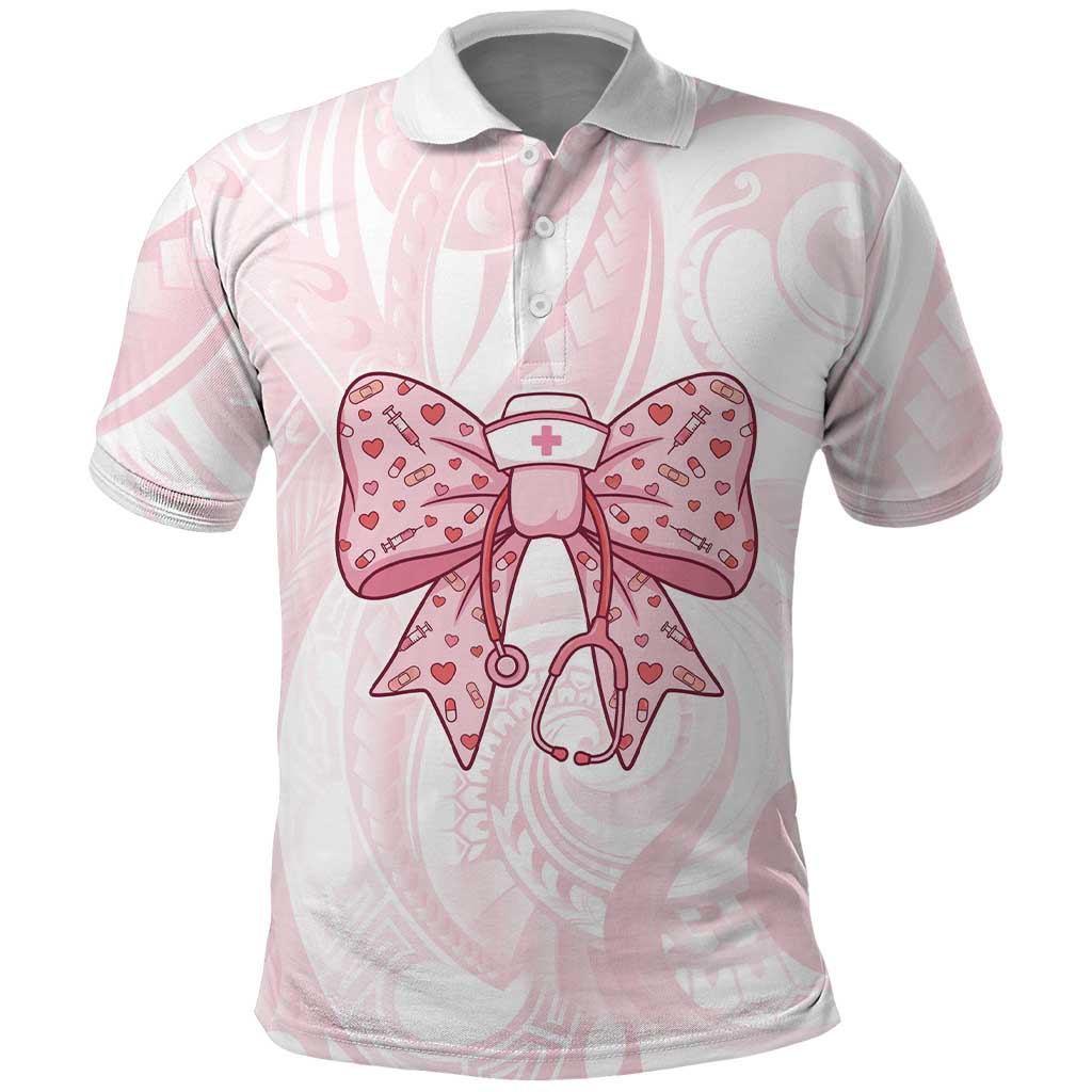 New Zealand Nurses RN Personalised Polo Shirt Pink Stethoscope Coquette Bow Maori Motif LT9 Pink - Polynesian Pride