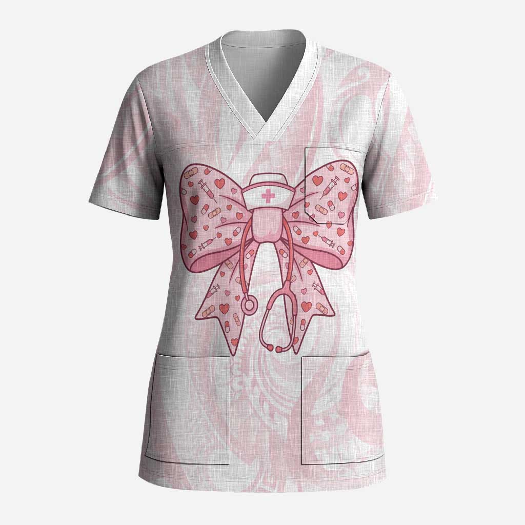 New Zealand Nurses RN Personalised Scrub Top Pink Stethoscope Coquette Bow Maori Motif LT9 Adult Pink - Polynesian Pride