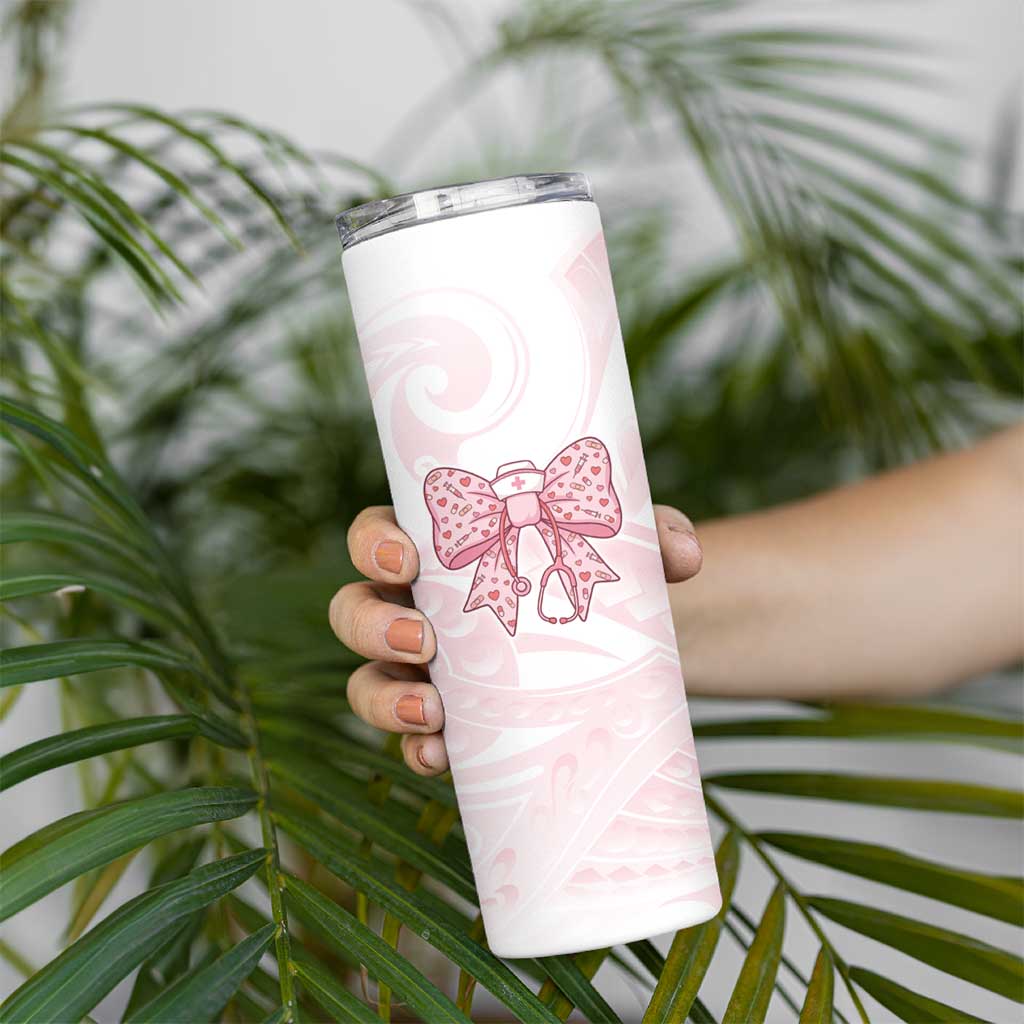 New Zealand Nurses RN Personalised Skinny Tumbler Pink Stethoscope Coquette Bow Maori Motif