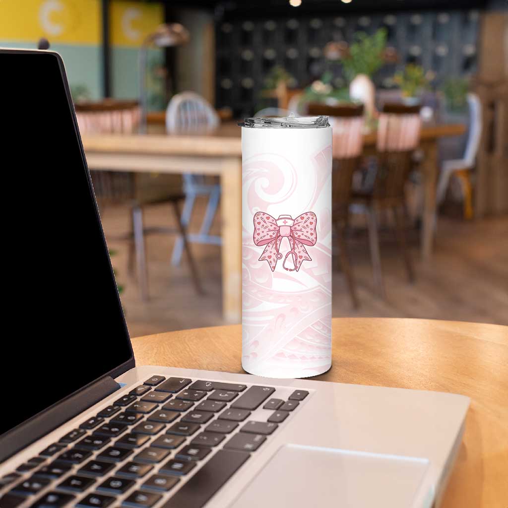 New Zealand Nurses RN Personalised Skinny Tumbler Pink Stethoscope Coquette Bow Maori Motif