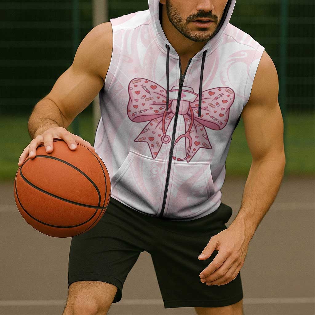 New Zealand Nurses RN Personalised Sleeveless Zip Hoodie Pink Stethoscope Coquette Bow Maori Motif LT9 - Polynesian Pride