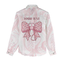 New Zealand Nurses RN Personalised Women Casual Shirt Pink Stethoscope Coquette Bow Maori Motif LT9 - Polynesian Pride