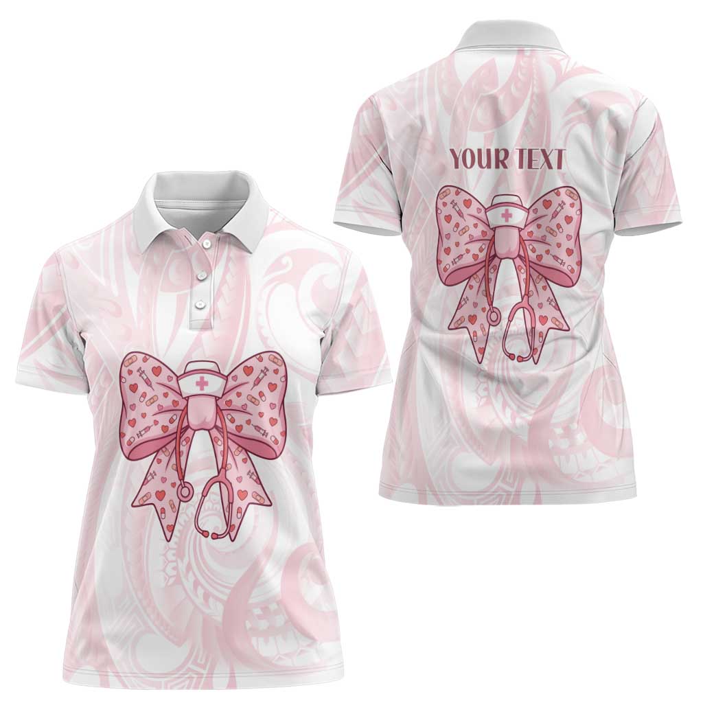 New Zealand Nurses RN Personalised Women Polo Shirt Pink Stethoscope Coquette Bow Maori Motif LT9 - Polynesian Pride