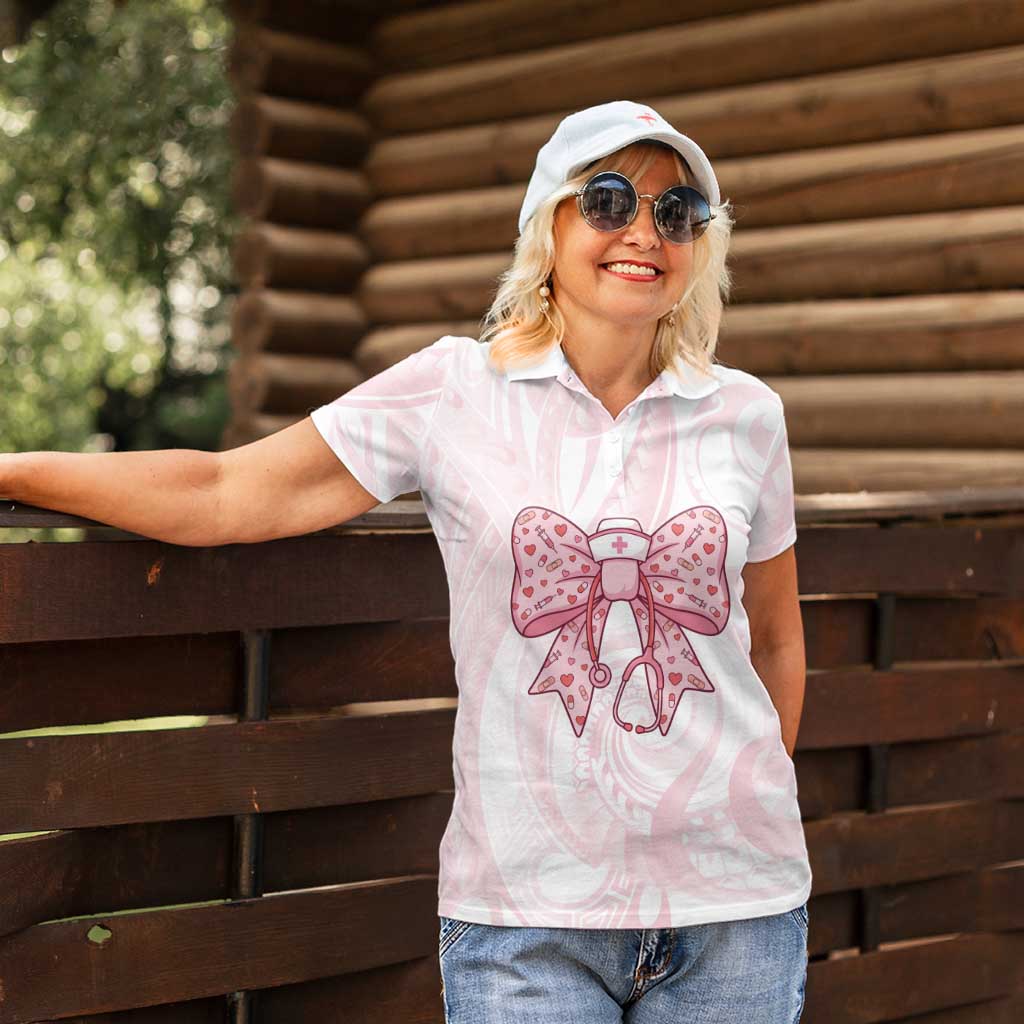 New Zealand Nurses RN Personalised Women Polo Shirt Pink Stethoscope Coquette Bow Maori Motif LT9 - Polynesian Pride