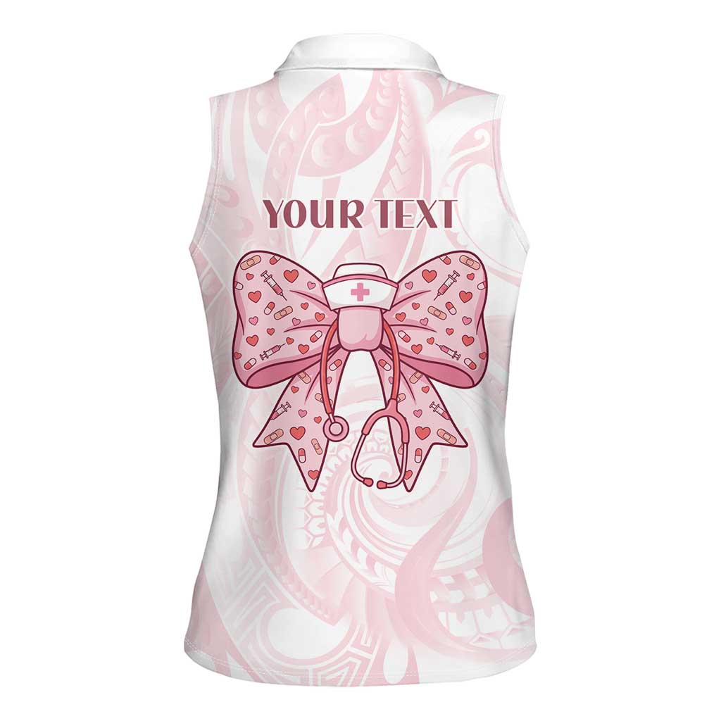 New Zealand Nurses RN Personalised Women Sleeveless Polo Shirt Pink Stethoscope Coquette Bow Maori Motif