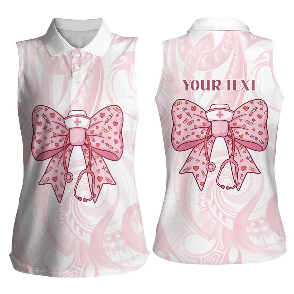 New Zealand Nurses RN Personalised Women Sleeveless Polo Shirt Pink Stethoscope Coquette Bow Maori Motif