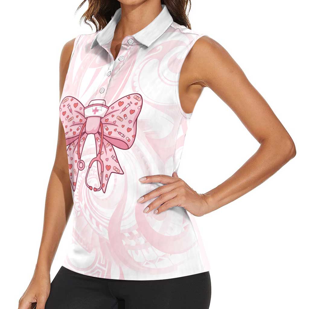 New Zealand Nurses RN Personalised Women Sleeveless Polo Shirt Pink Stethoscope Coquette Bow Maori Motif