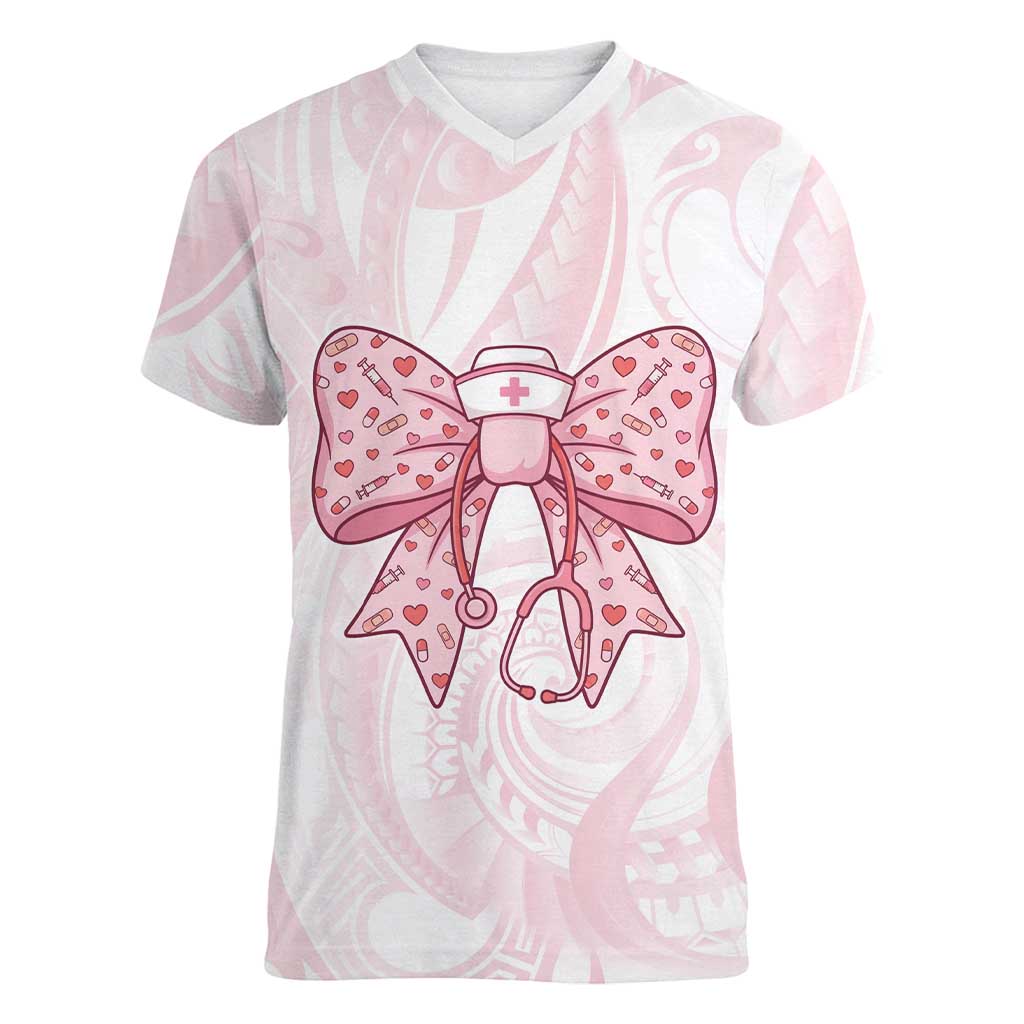 New Zealand Nurses RN Personalised Women V-Neck T-Shirt Pink Stethoscope Coquette Bow Maori Motif