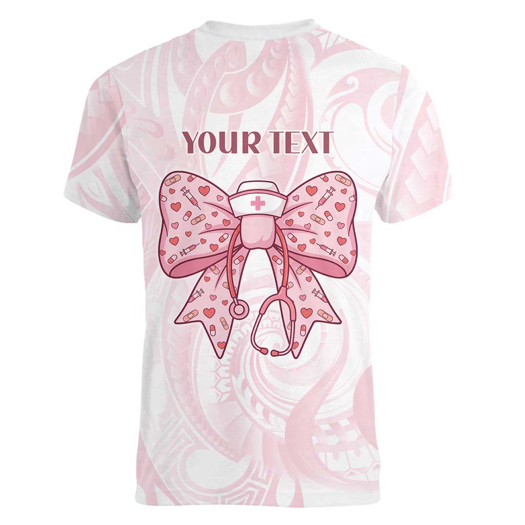 New Zealand Nurses RN Personalised Women V-Neck T-Shirt Pink Stethoscope Coquette Bow Maori Motif