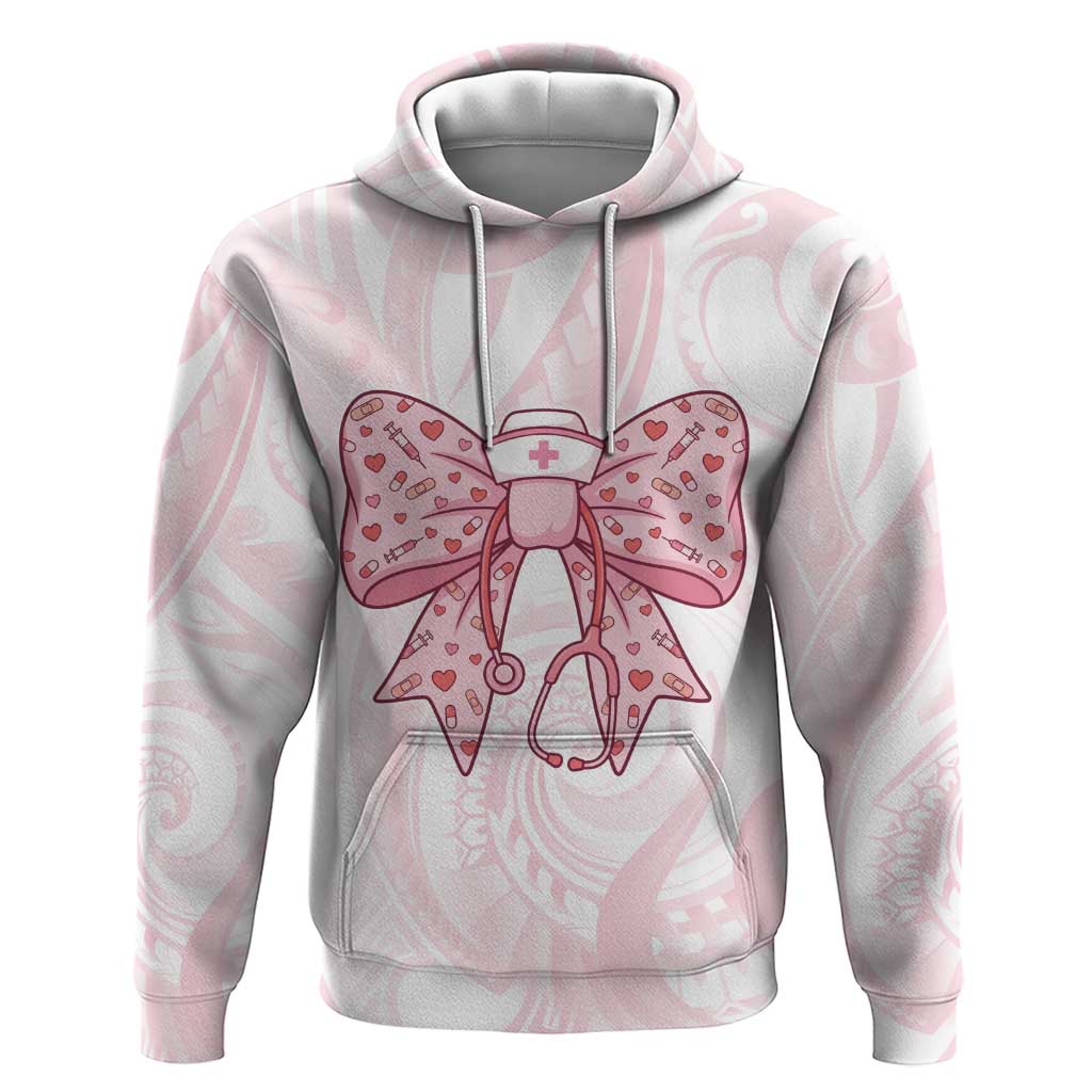 New Zealand Nurses RN Personalised Zip Hoodie Pink Stethoscope Coquette Bow Maori Motif LT9 Pullover Hoodie Pink - Polynesian Pride