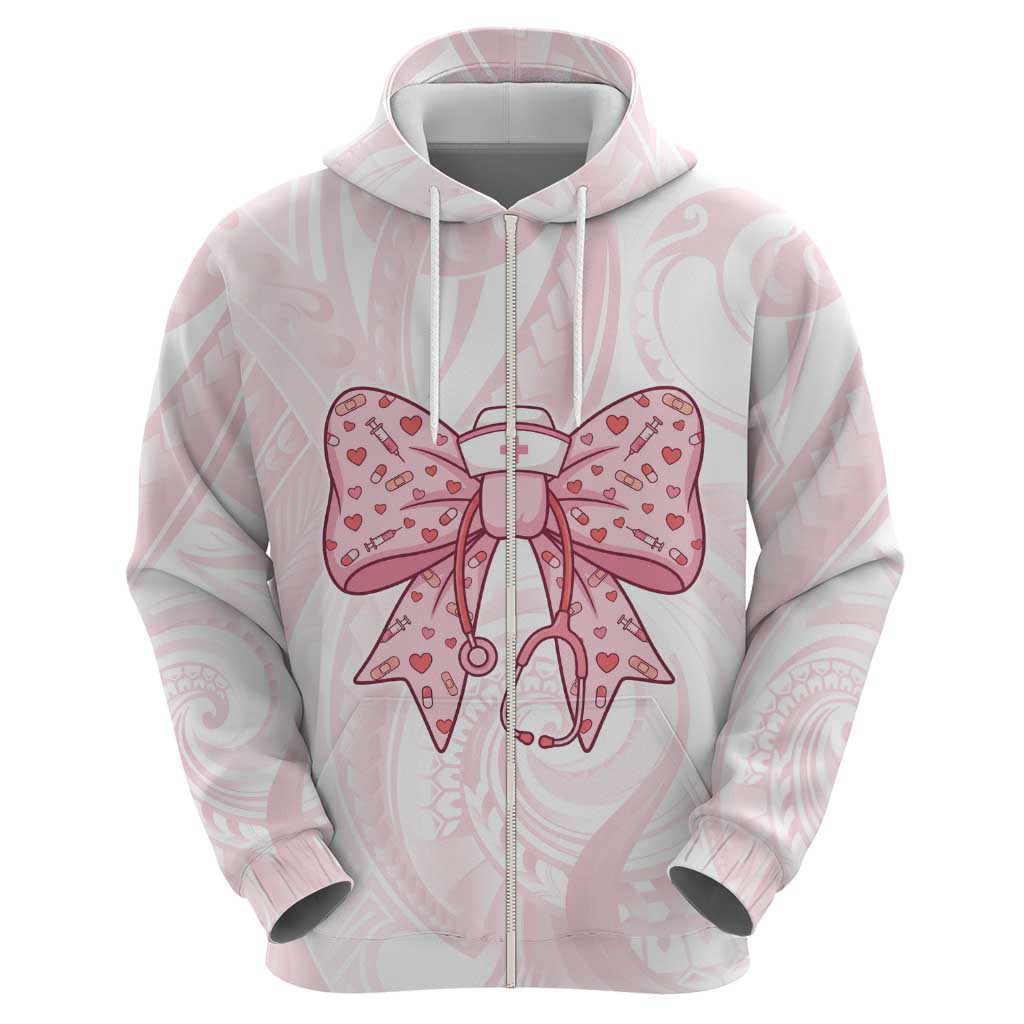 New Zealand Nurses RN Personalised Zip Hoodie Pink Stethoscope Coquette Bow Maori Motif LT9 - Polynesian Pride