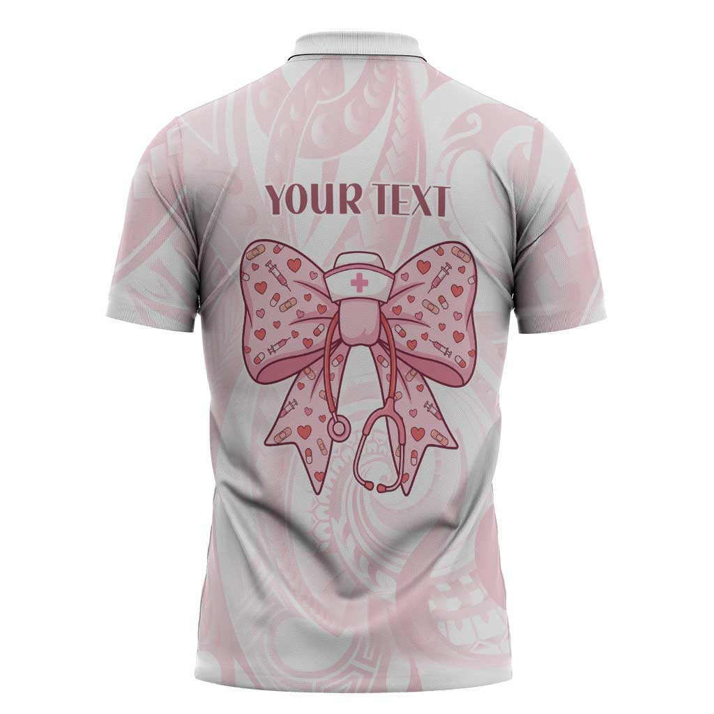 New Zealand Nurses RN Personalised Zipper Polo Shirt Pink Stethoscope Coquette Bow Maori Motif LT9 - Polynesian Pride