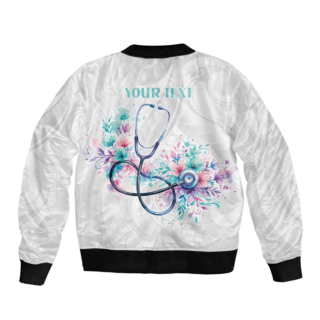 New Zealand Nurses RN Personalised Bomber Jacket Stethoscope Floral Maori Motif