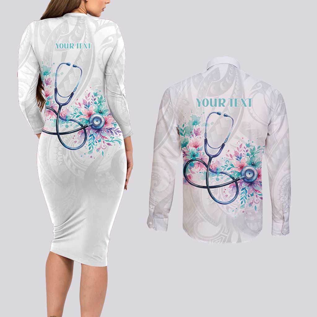 New Zealand Nurses RN Personalised Couples Matching Long Sleeve Bodycon Dress and Long Sleeve Button Shirt Stethoscope Floral Maori Motif