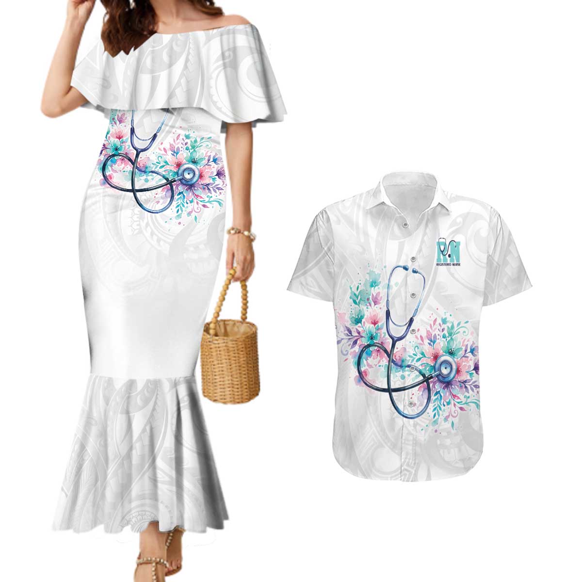 New Zealand Nurses RN Personalised Couples Matching Mermaid Dress and Hawaiian Shirt Stethoscope Floral Maori Motif LT9 White - Polynesian Pride