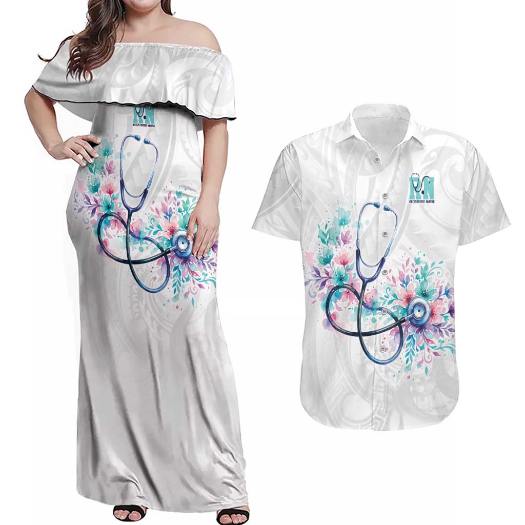 New Zealand Nurses RN Personalised Couples Matching Off Shoulder Maxi Dress and Hawaiian Shirt Stethoscope Floral Maori Motif LT9 White - Polynesian Pride
