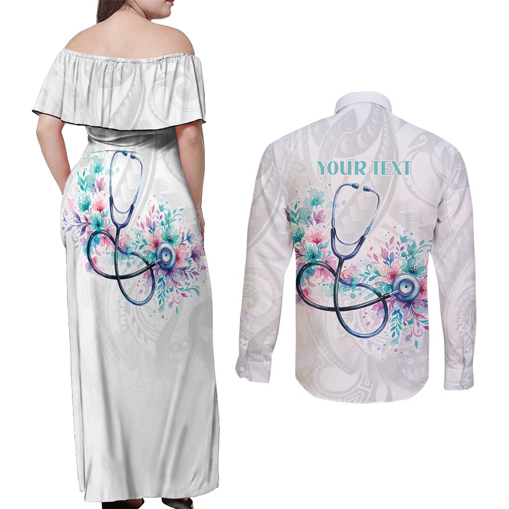 New Zealand Nurses RN Personalised Couples Matching Off Shoulder Maxi Dress and Long Sleeve Button Shirt Stethoscope Floral Maori Motif LT9 - Polynesian Pride