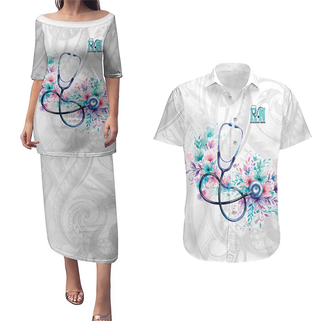 New Zealand Nurses RN Personalised Couples Matching Puletasi and Hawaiian Shirt Stethoscope Floral Maori Motif