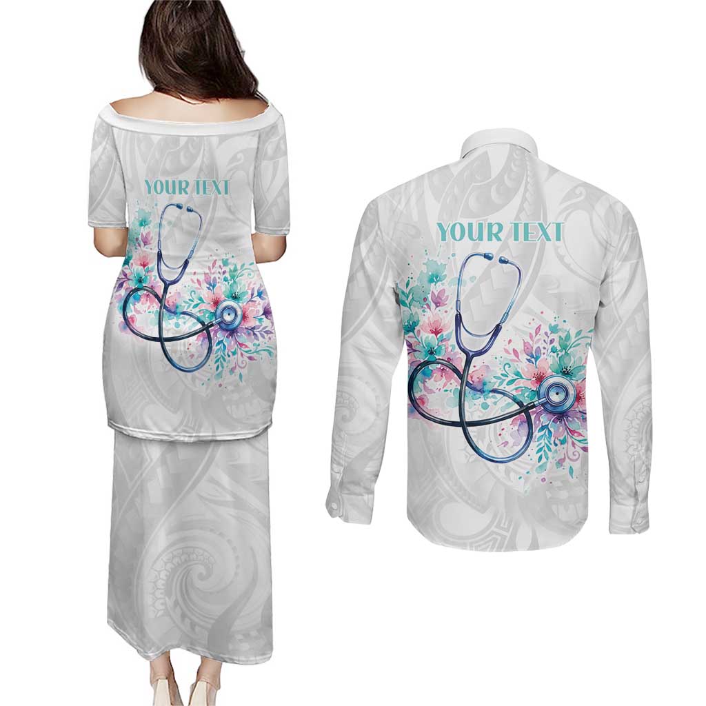 New Zealand Nurses RN Personalised Couples Matching Puletasi and Long Sleeve Button Shirt Stethoscope Floral Maori Motif LT9 - Polynesian Pride