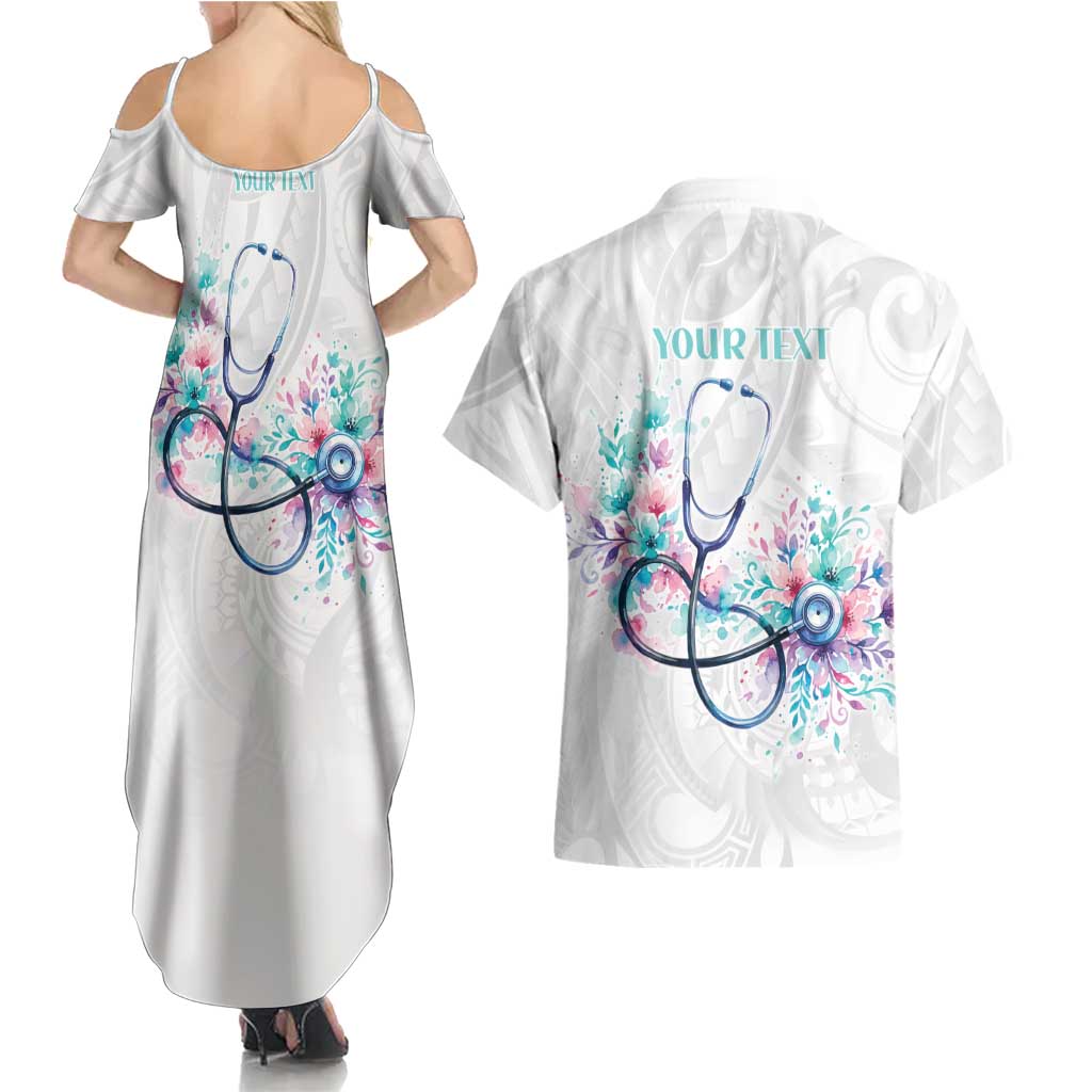 New Zealand Nurses RN Personalised Couples Matching Summer Maxi Dress and Hawaiian Shirt Stethoscope Floral Maori Motif
